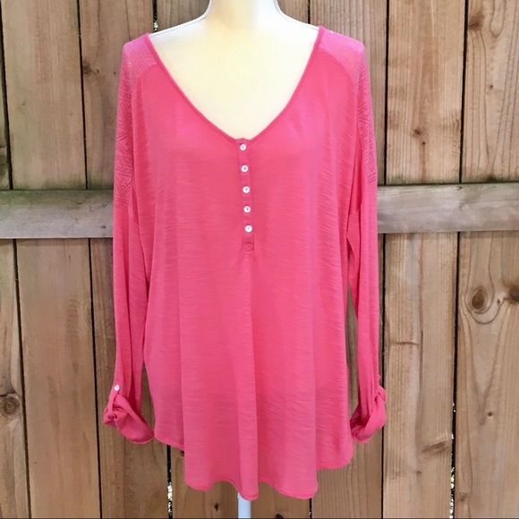 Lucky Brand Tops - 3/$15 Lucky Brand Pink Henley with Lace Detail GUC